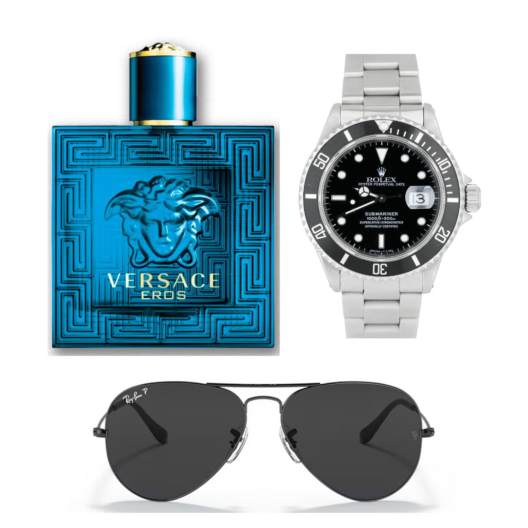 PERFUME EROS+ROLEXPLATANEGRO+GAFASRAYBAN